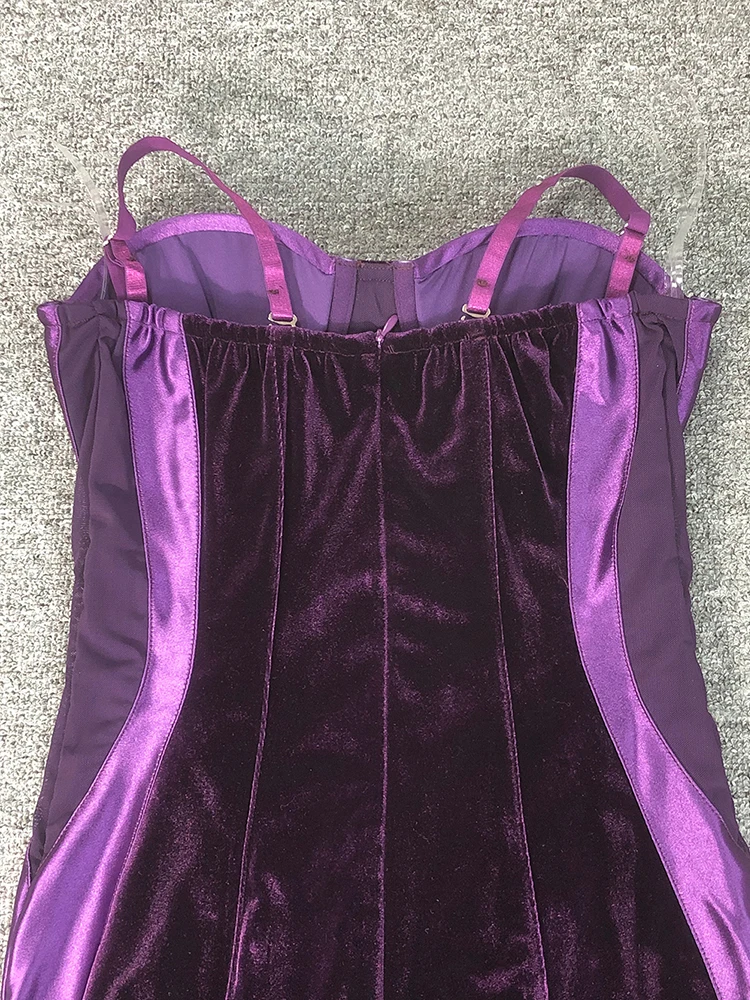 Opulentna, fioletowa, aksamitna sukienka midi w stylu gorsetowym z rękawiczkami, seksowna, nowa, bez pleców, obcisła, elegancka sukienka wieczorowa w stylu celebryckim.