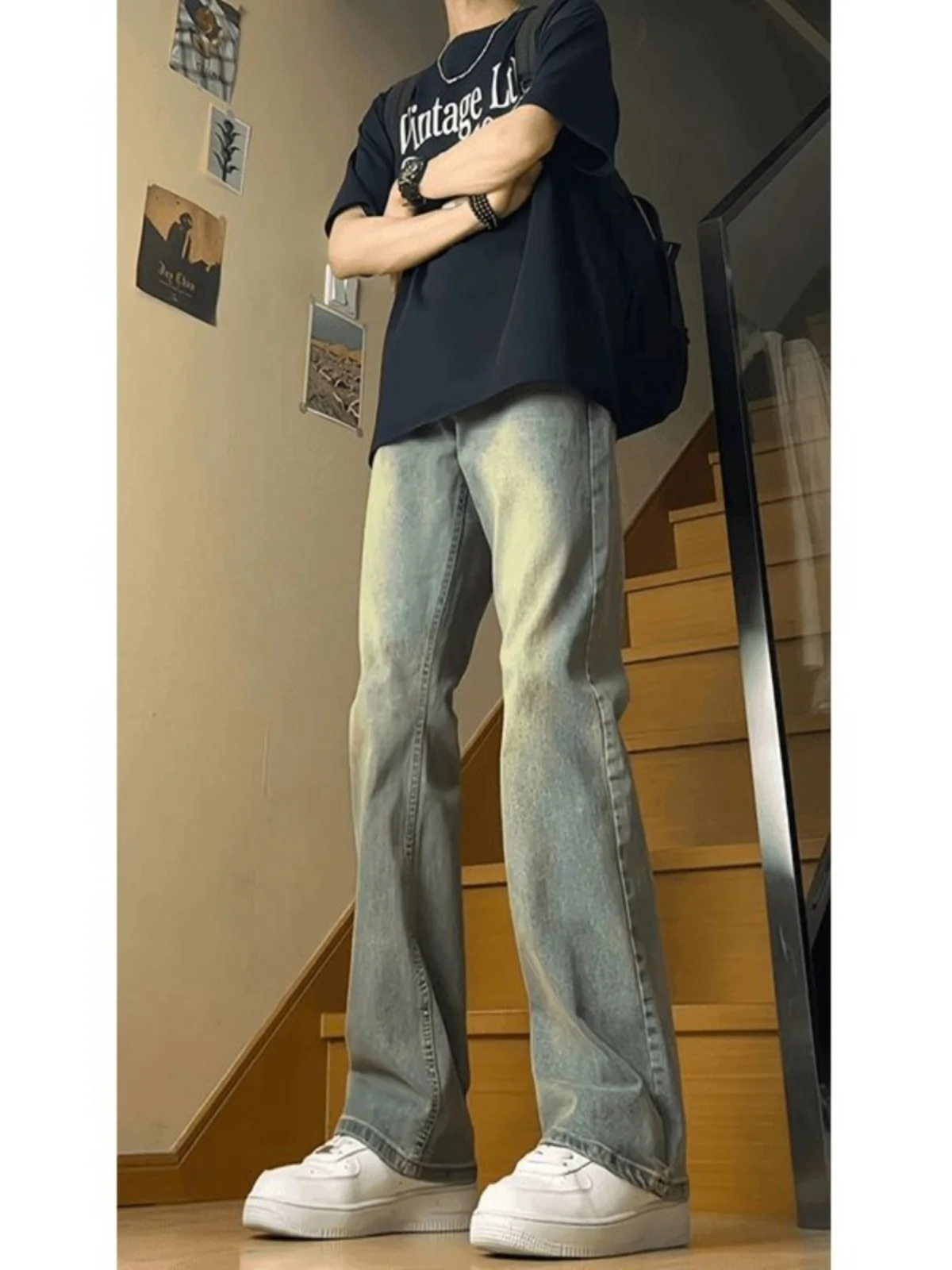 

Retro Blue High Waist Elastic Men's Jeans Summer American High Street Vibe Loose Straight Loose Knife Flared Pants