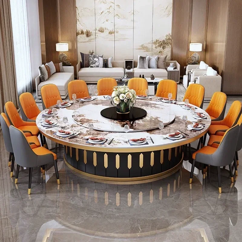 Hotel dining table and chair combination light luxury rock slab electric turntable large round table