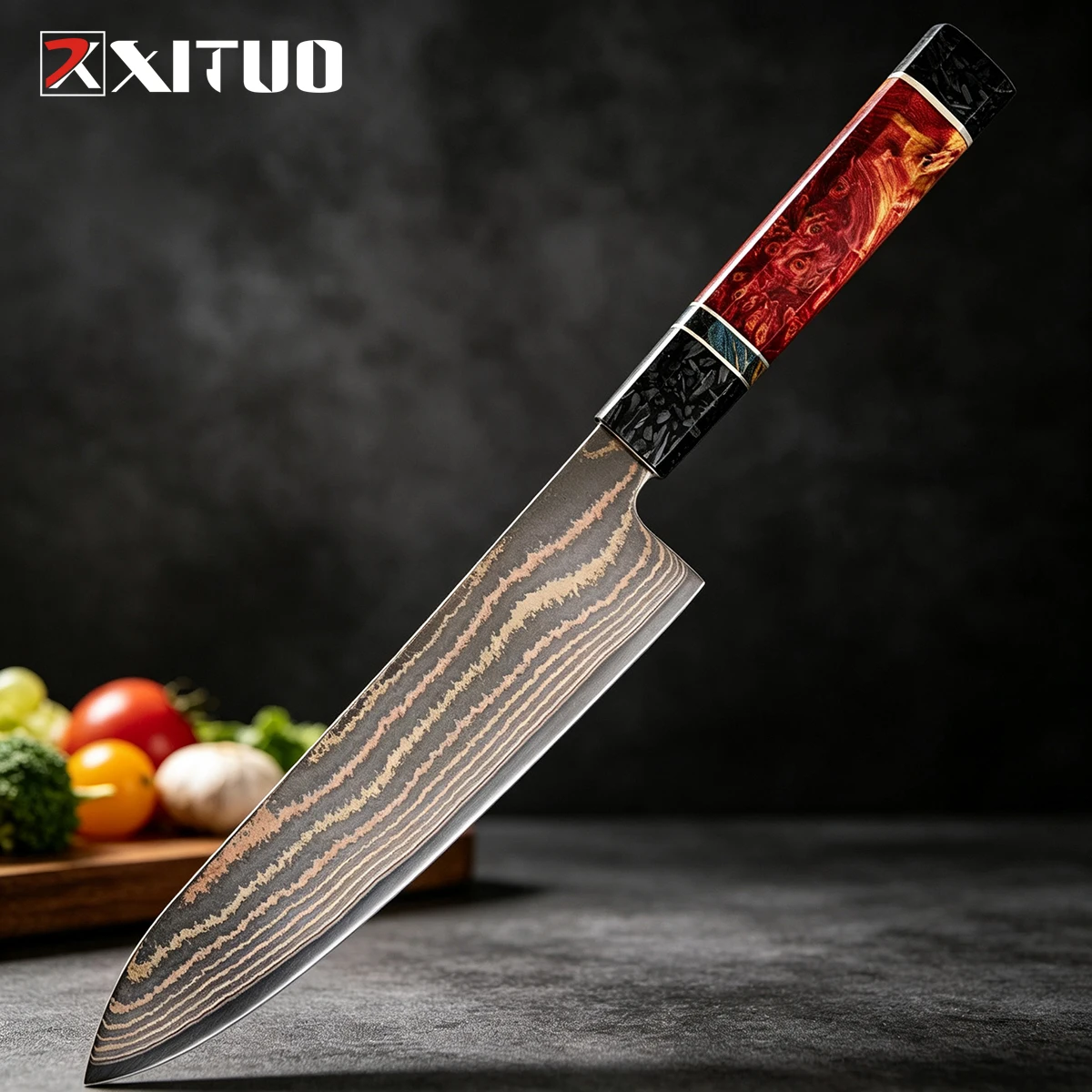 XITUO Premium 8 inch Chef Knife,Rainbow Copper Damascus Steel, Super sharp Japanese Kitchen Knife,Octagonal Stable Wooden Handle