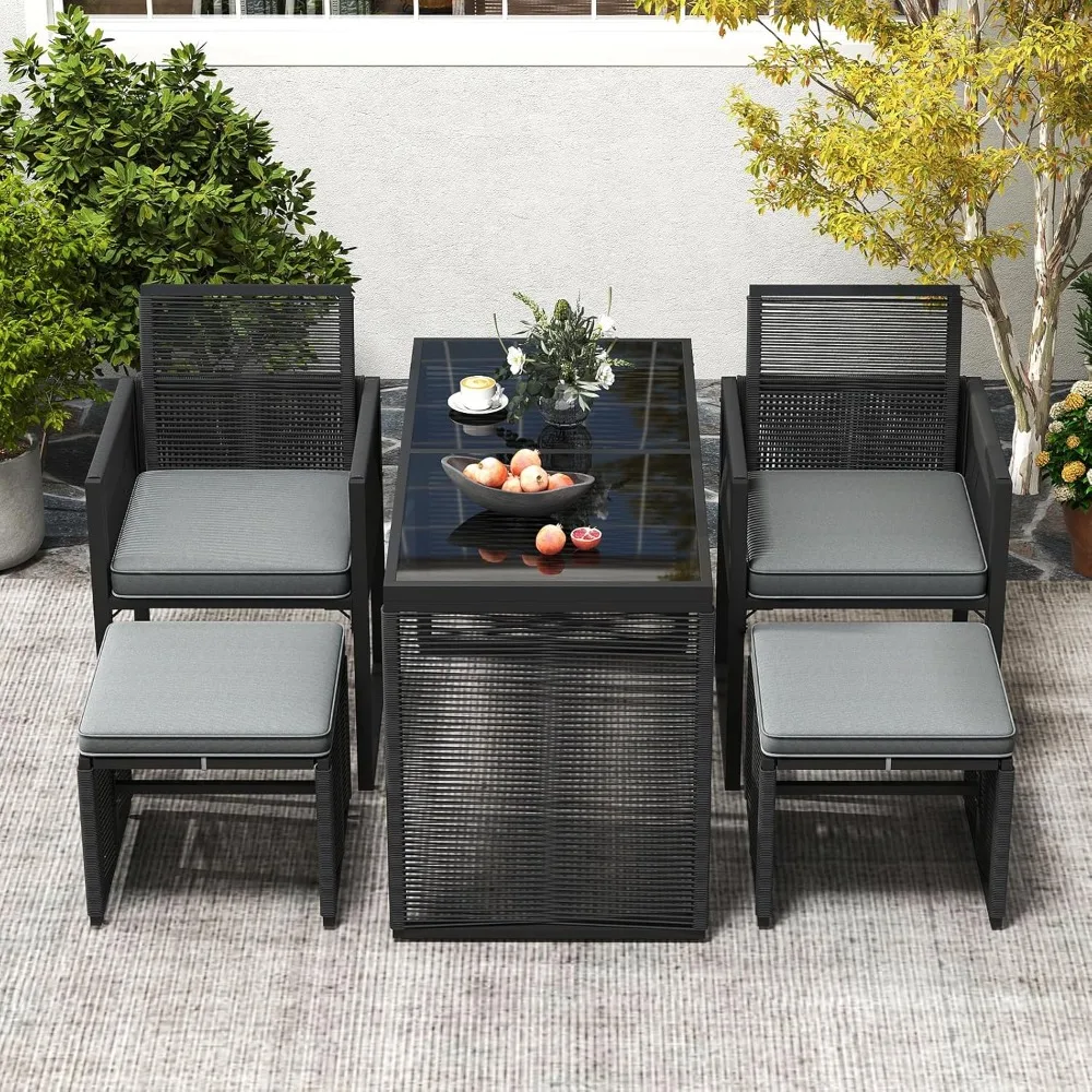 

5 Pieces PE Wicker Patio Dining Set, Outdoor Conversation Set with Cushions, Patio Rattan Chair and, Customized
