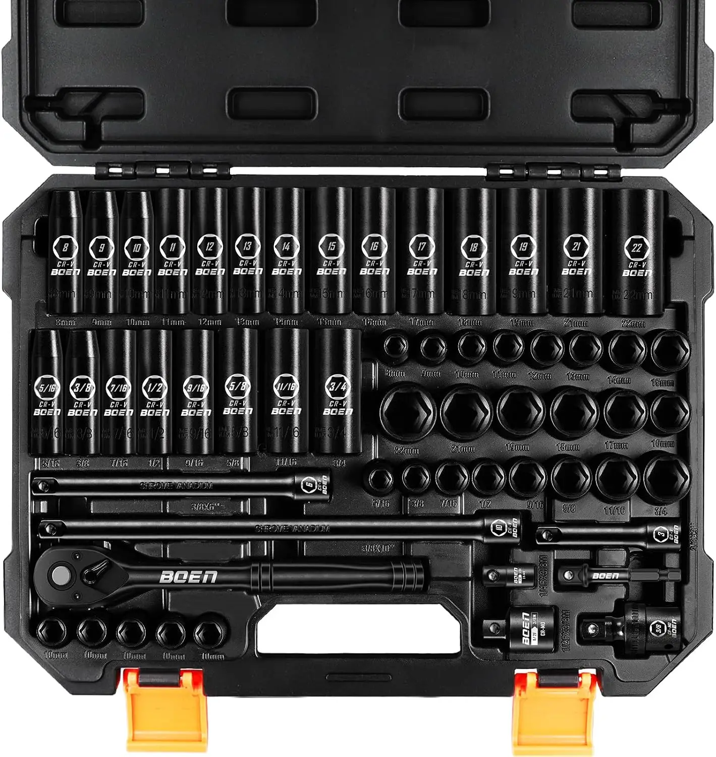 3 8 Inch Drive Impact Socket Set 57 Piece Standard SAE 5 16 To 3 4 Inch Metric 8 22mm Include Ratchet Handle Extension Bar Unive
