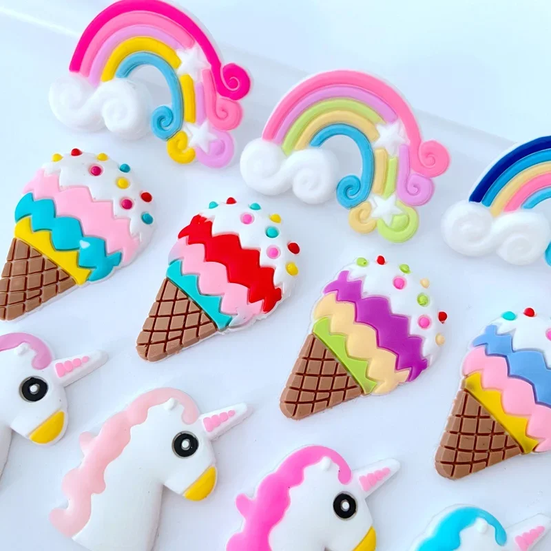 30Pcs/lots Cute Rainbow Unicorn Ice Cream Rubber Flatback Supplies DIY Hair Bows Center Jewelry Making Phone Shell Accessories