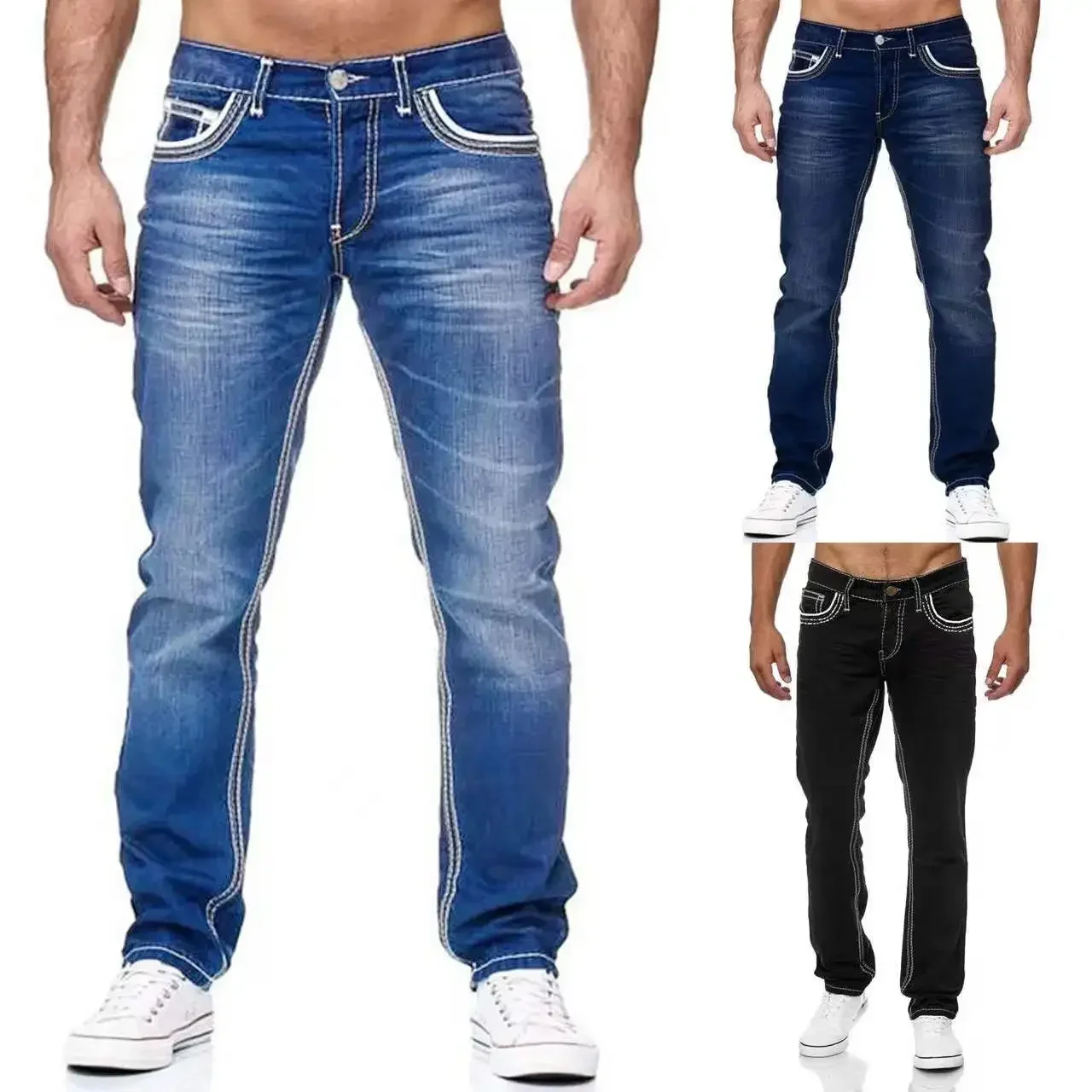 

Vintage Men Jean Denim Pants Washed Pockets Mid Waist Zipper Fly Loose Fit Punk Style Distressed Ankle Length Straight Jeans