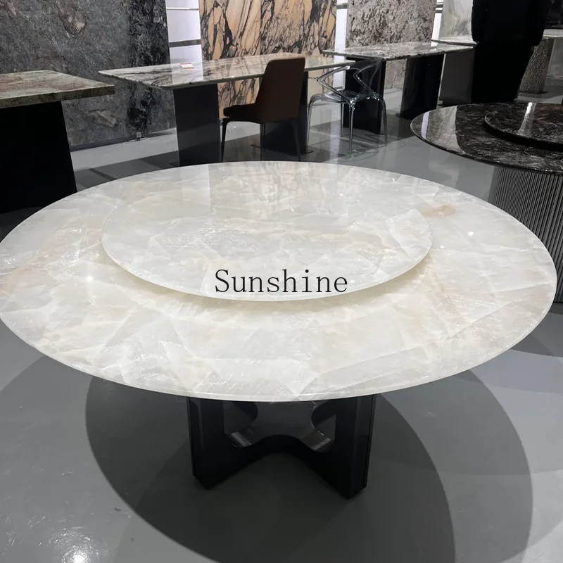 

Villa high-end white ice jade natural marble round dining table with turntable