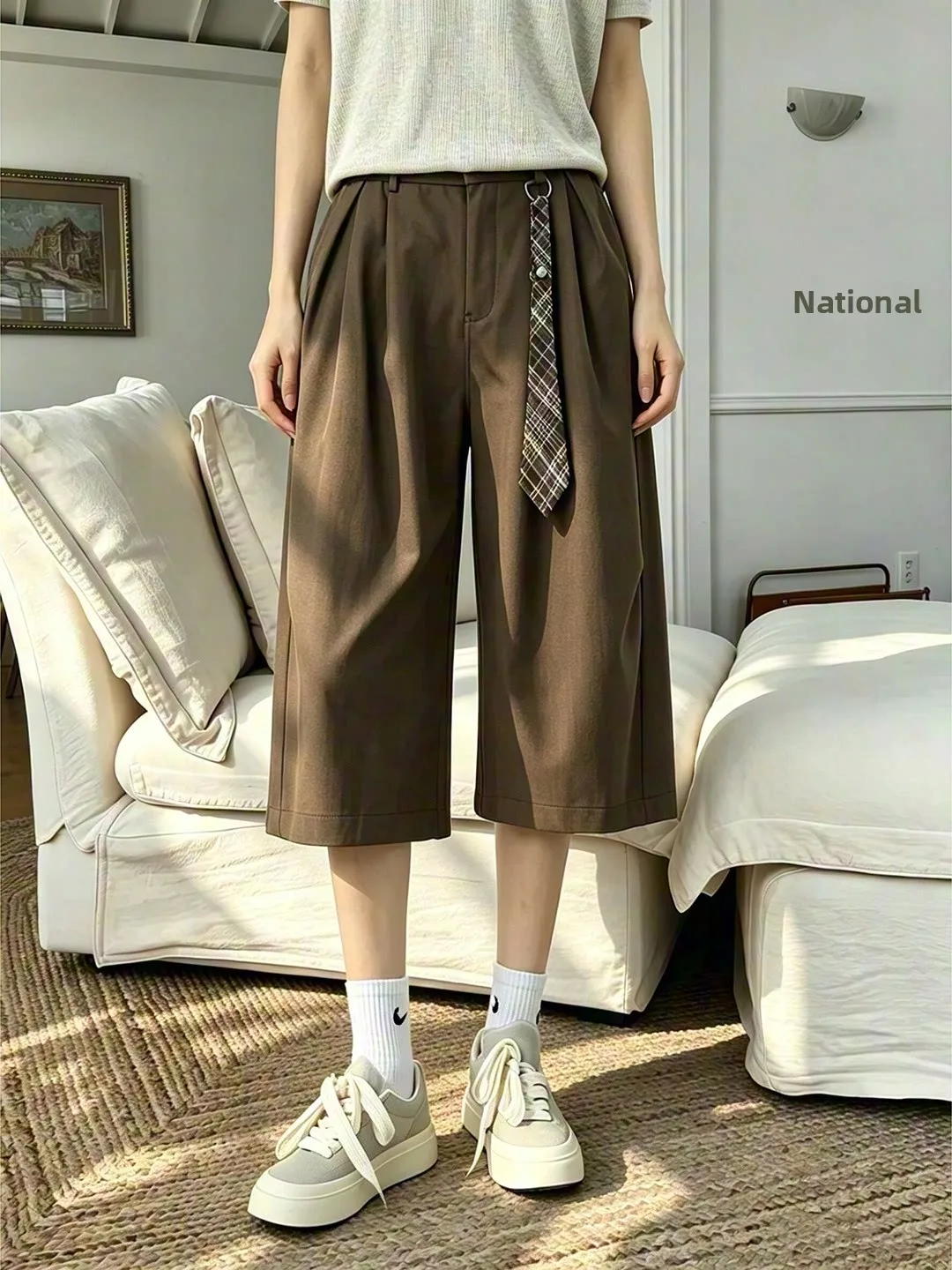 Casual Khaki Wide Leg Pants Men Women Neutral Pleated Design Breathable Drapey Seven-Quarter Length Suit Trousers Summer