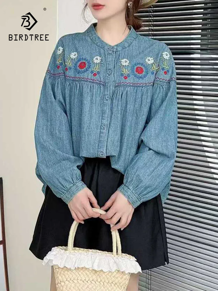 

Новинка 2025, осенняя джинсовая рубашка с длинными рукавами, женская свободная блузка со стойкой и цветочной вышивкой, винтажная свободная блузка Mori Girl Prairie Chic T59348CC