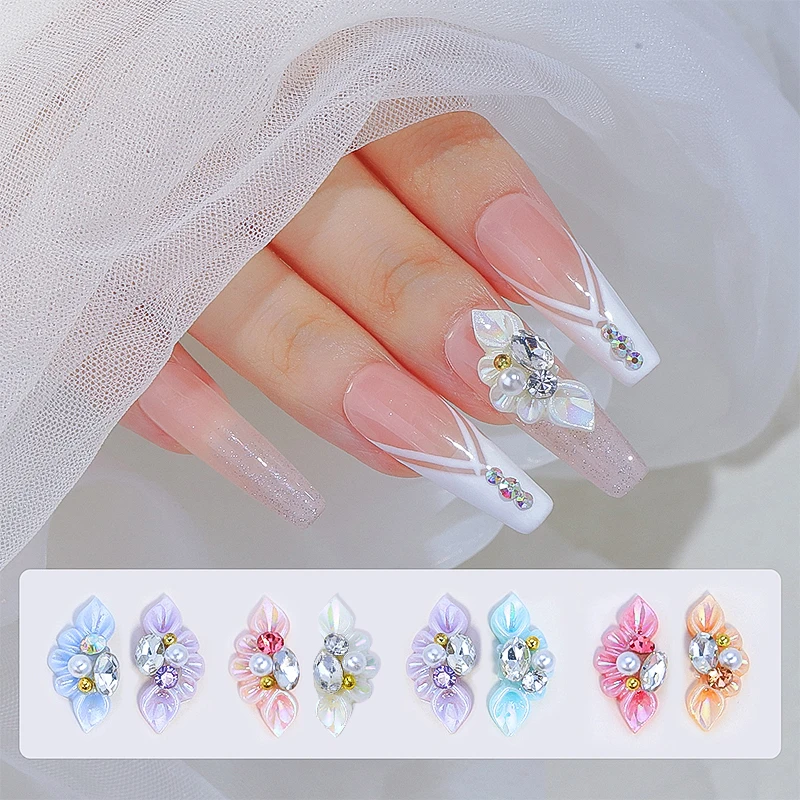 5pcs/bag Side Flower 3D Acrylic Flowers Nail Art Charm Decoration With Pearl Floret Jewelry Rhinestone Nail Parts Art Supplies