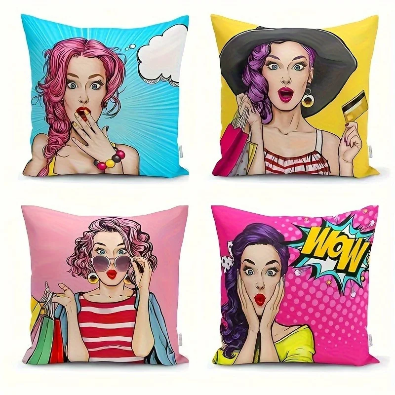 

4Pcs Pop Art Shopping Lady Throw Pillow Covers with Wow Bubble Credit Card Shopping Bag Print Cushion Cases for Sofa Living Room
