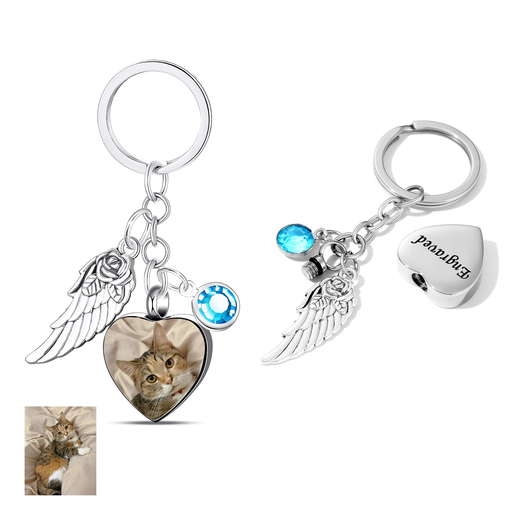 

Fashion Stainless Steel Heart Urn Key Chain for Ashes Custom Photo Name Text Cremation Personalized Keepsake Keyring