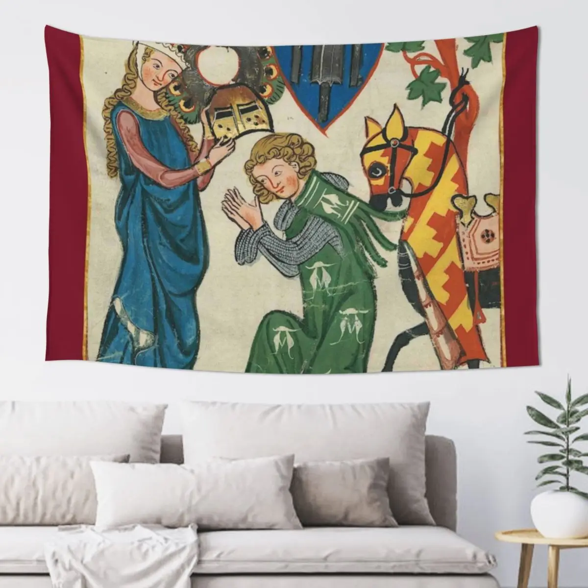 

She Bestows His Helm Medieval Illumination Tapestry Bedroom Decoration Outdoor Decoration Tapestry