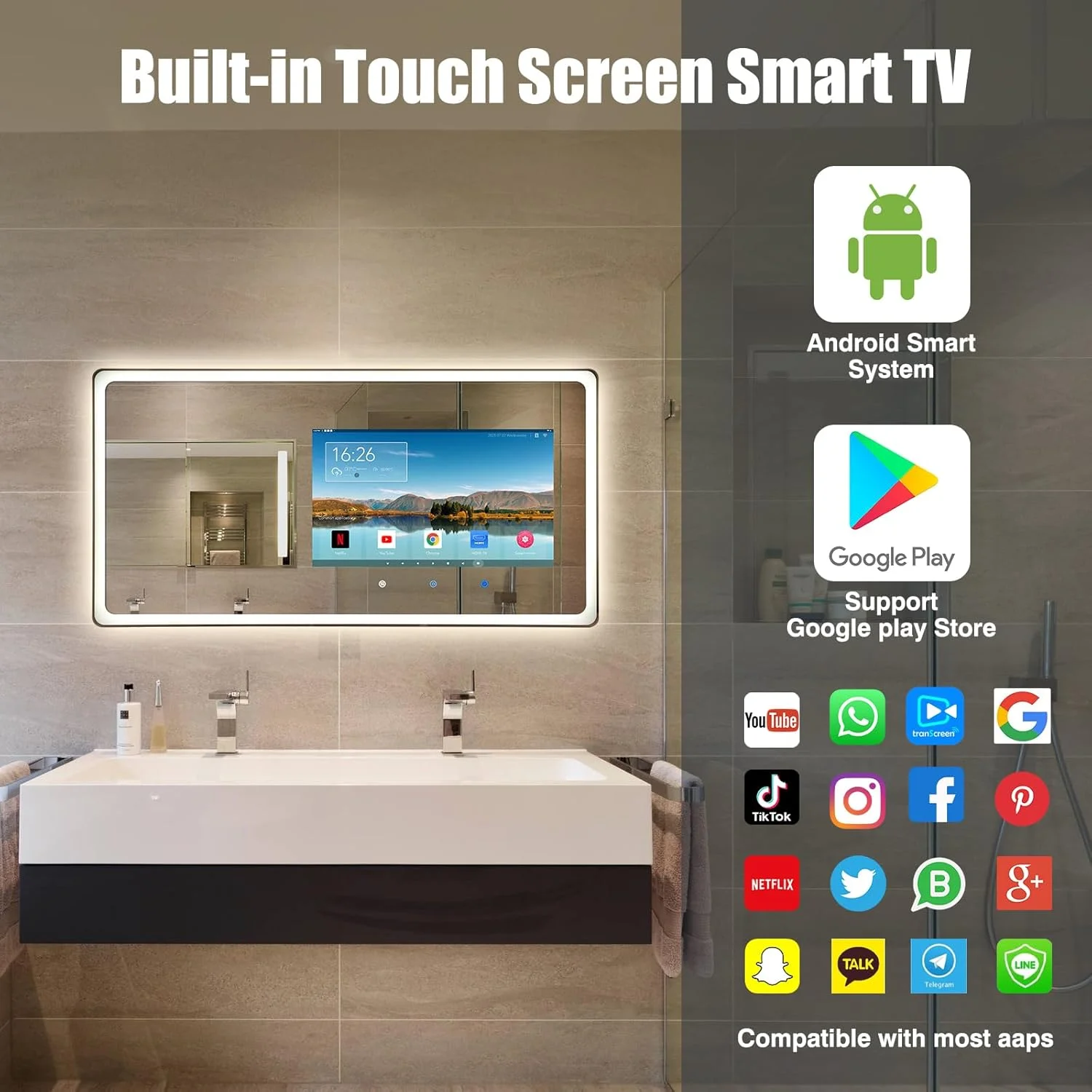 Custom AI Luxury Smart Mirror TV Android WiFi Magic Mirror Television for Living Room Hotel Decorative Waterproof Mirror TV
