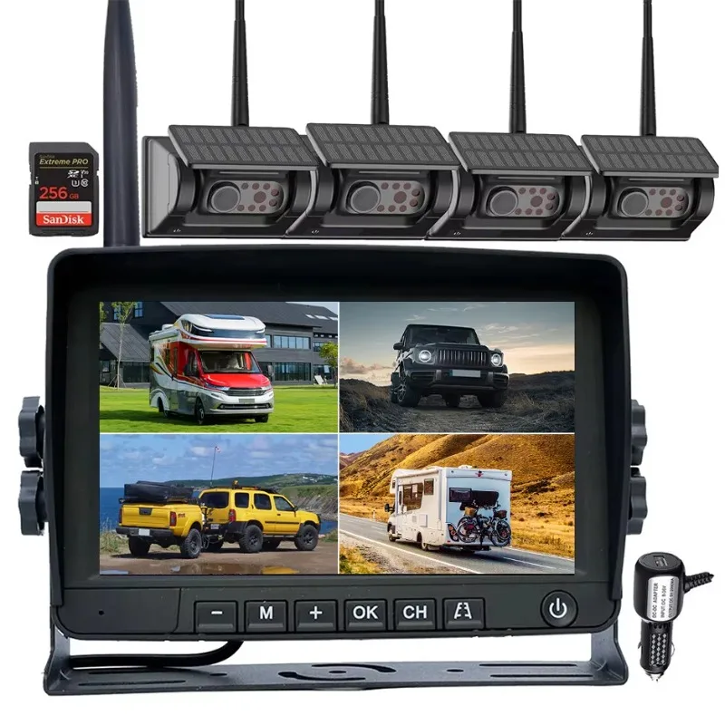 

GreenYi 7inch Digital Wireless Quad View IPS Monitor HD Backup Reversing Magnetic Standby Solar Recharge Battery Camera Kit