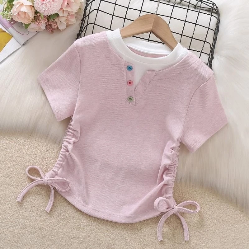 

Детская летняя футболка 2026: Новинка, стильный укороченный топ с завязками на талии, имитация двухслойного кроя, синий, с коротким рукавом, для подростков, повседневный образ