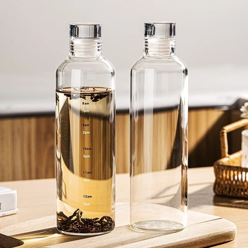 2pcs 300-1000ml Clear Glass Water Bottle Large Capacity with Time Marker Cover for Water Drink Outdoor Portable Milk Juice Cup