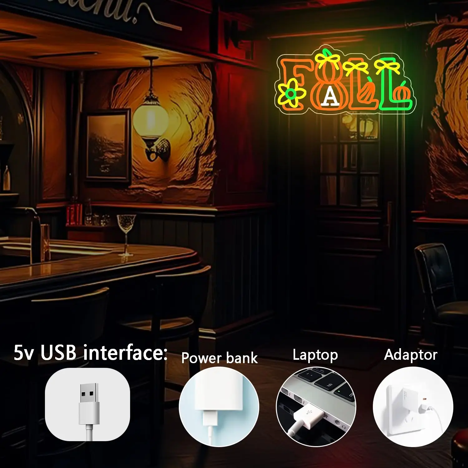 مرحبا سقوط LED النيون تسجيل ل جدار ديكور عكس الضوء التبديل ل USB الطاقة اليقطين مابل ليف الحصاد موسم الخريف الديكور #4