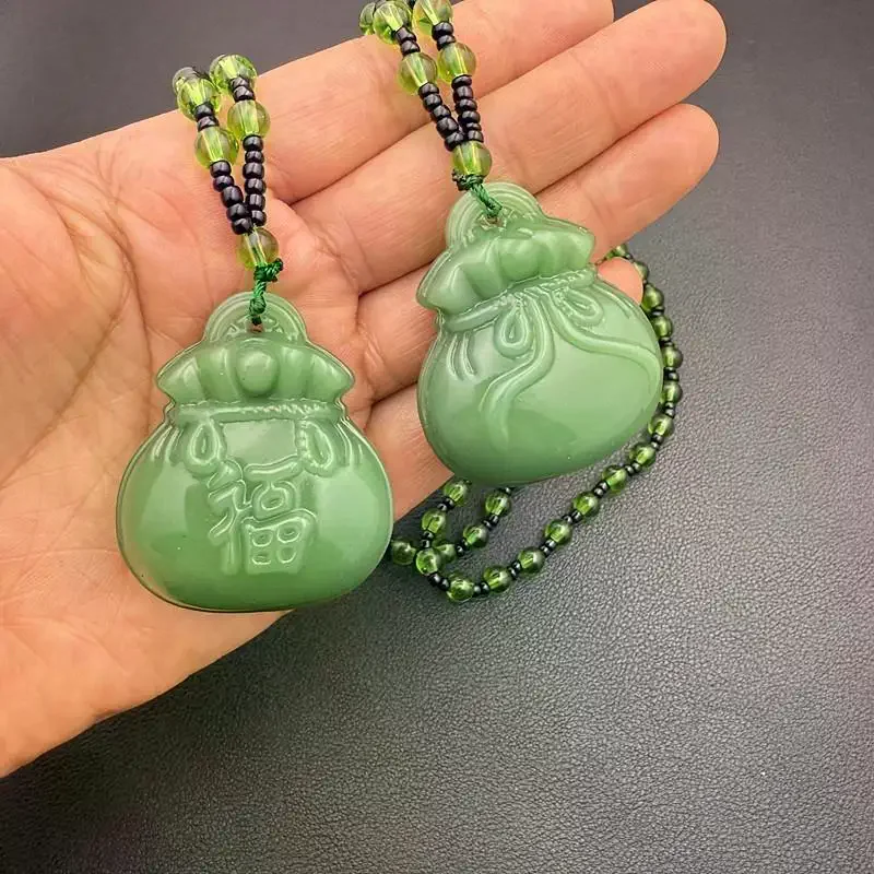 Carved Blessing Lucky Gifts For Women Men Lucky Bag Pendant Jade Necklace Fashion Charm Religious Jewelry Necklace Gift