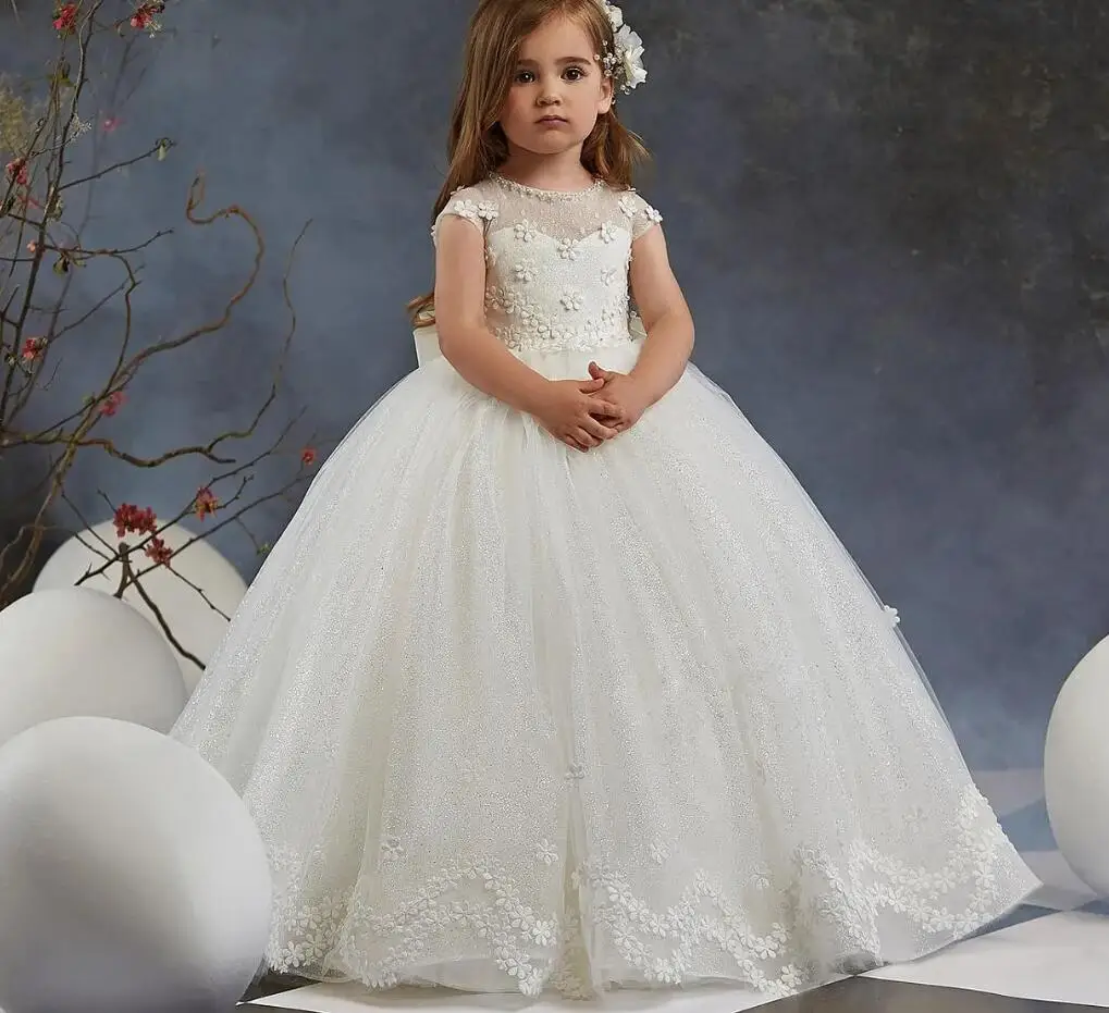 Ivory White Flower Girl Dresses For Wedding O Neck Glitter Tulle Pageant Dress Floor Length Prom Dress Ball Gown