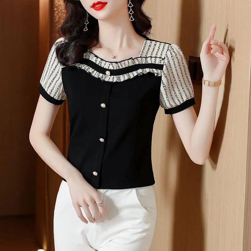 Elegant Spliced Ruffles Letter Printed Puff Sleeve Blouse Women\'s Clothing 2023 Summer New Oversized Casual Tops Sweet Shirt