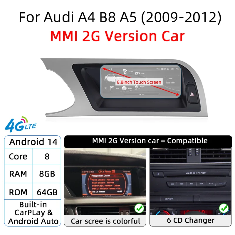Android 14 8+256GB CarPlay対応 Audi A4 B8 A5 2008 2009 2010 MMI 2G