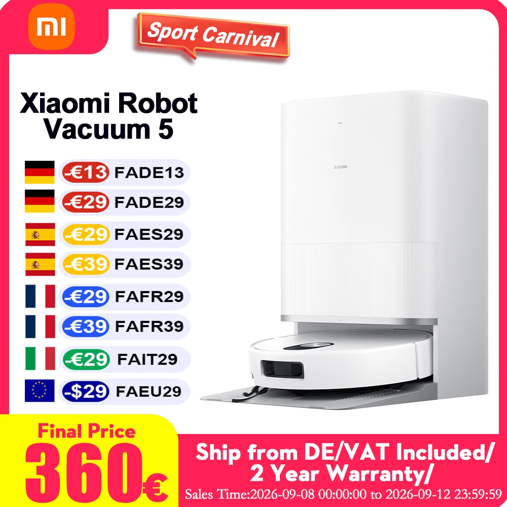 XIAOMI Robot Vacuum 5 EU Global Version ( X20+ Upgrade ) Intelligent Mop Lift LDS Laser Navigation 99% Hair Pick-up Rate Automatic Waste Collection Voice Control