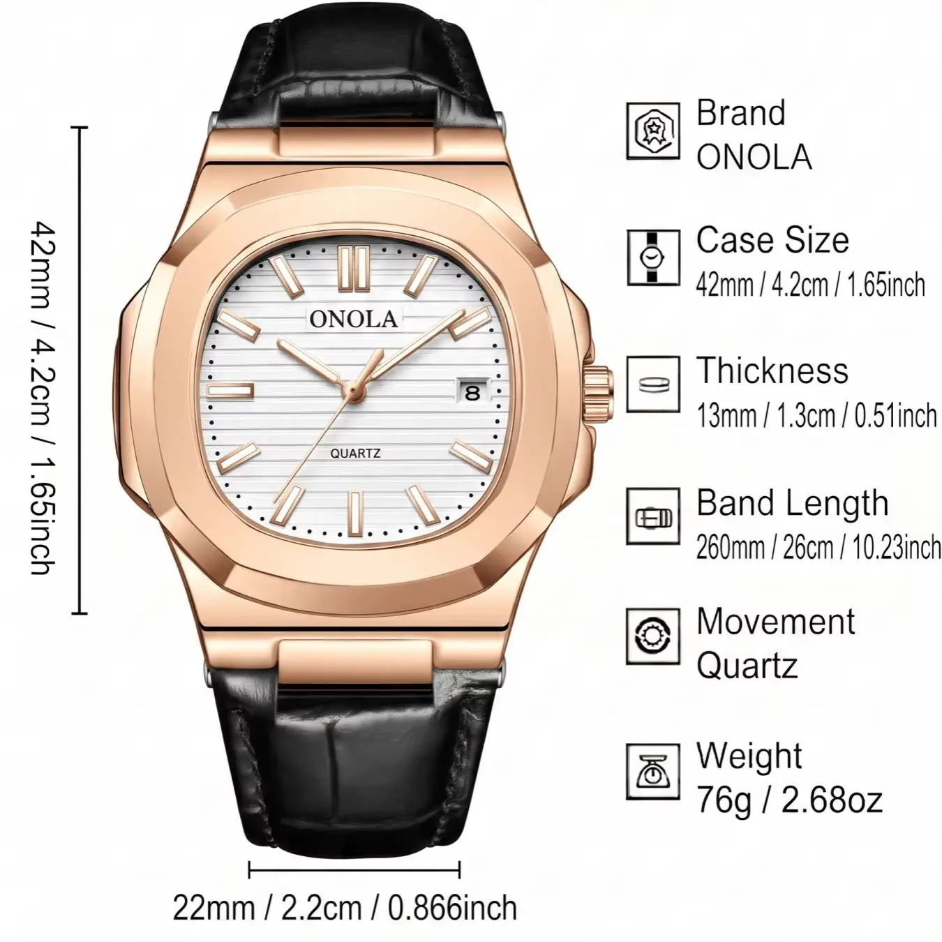 ONOLA Men's Quartz Watch Octagonal Alloy Case Date Window Vertical Stripe Dial Party Gift Simple Luxury Business Watch