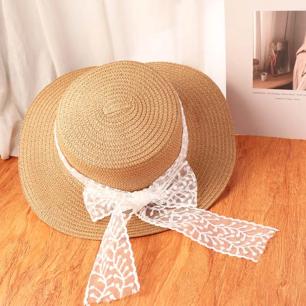 

Ins French Style Bow Ribbon Straw Hat Wide Brim Beach Flat Top Straw Hats Spring Summer Travel Women's Sun Hat Female