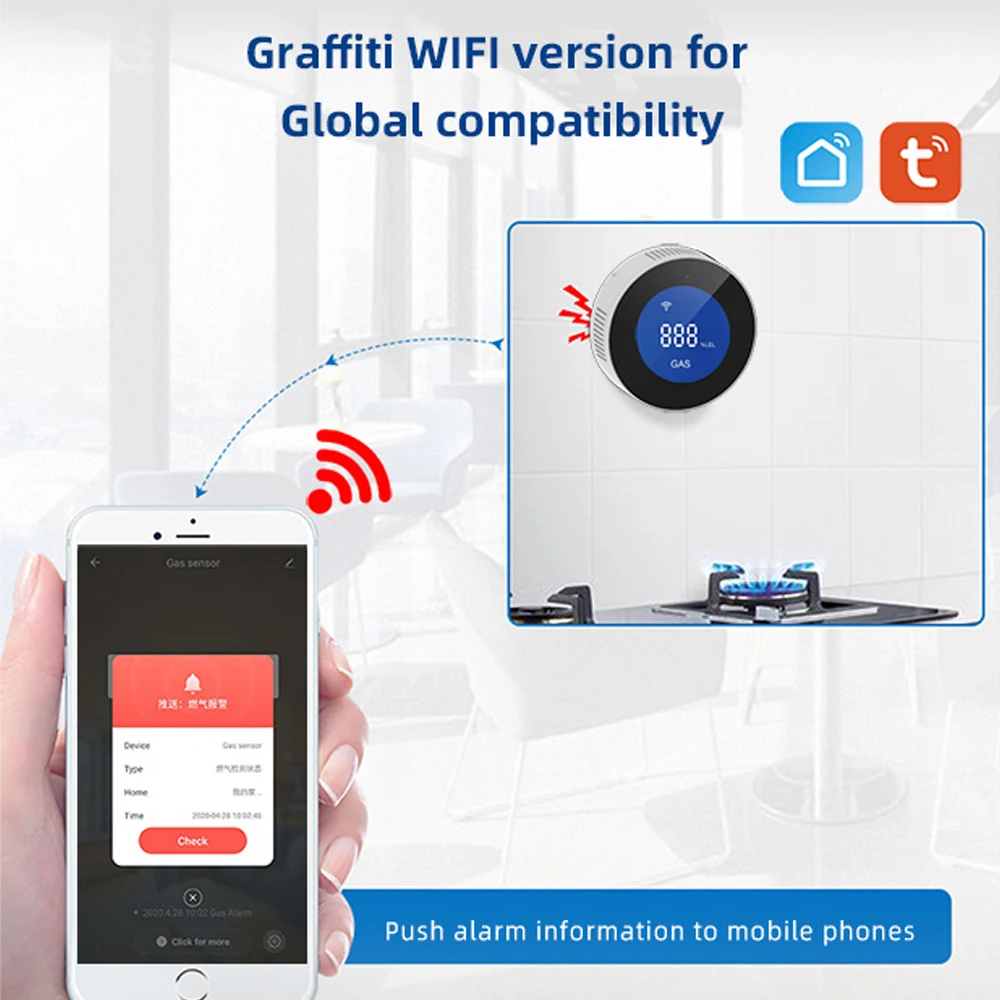 Tuya WiFi 가스 감지기 알람/스마트 천연 가스 누출 센서/90dB 사운드 앱 원격 경고/홈 주방 안전 모니터