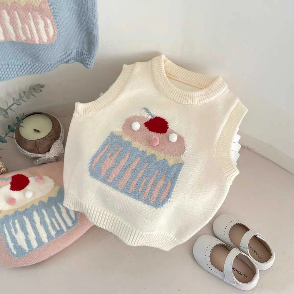 Cute Baby Girls Knitted Vest Spring Autumn Cartoon Cake Sleeveless Pullover Sweaters Tops Kids Girl Waistcoat Children Clothes