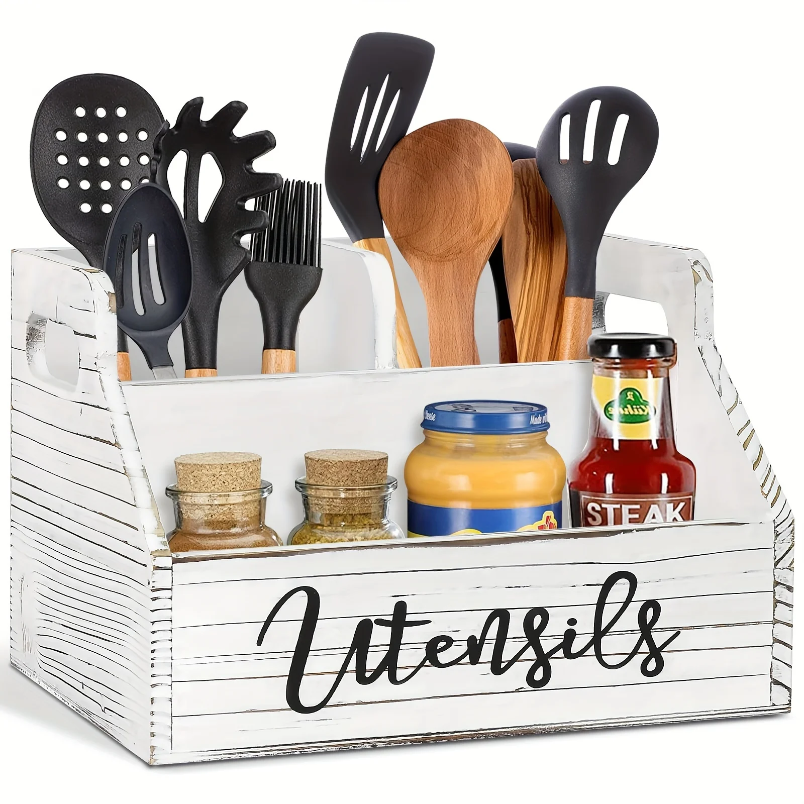 Utensil Organizer for Countertop, Wood Kitchen Tools Silverware Holder Condiment Organizer, Flatware Utensil Caddy With 3 Large 