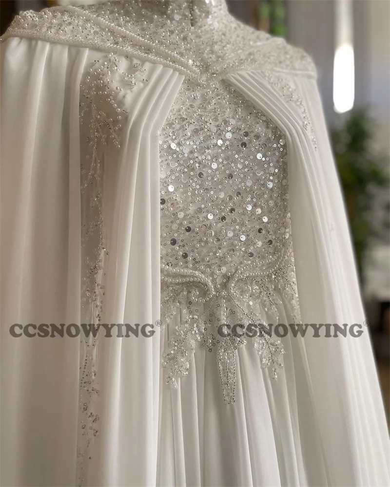 Chiffon Sequin Beaded Wedding Dresses for Bride with Cape Long Sleeve High Neck Islamic Bridal Gown Arabic Dubai Robe De Mariée