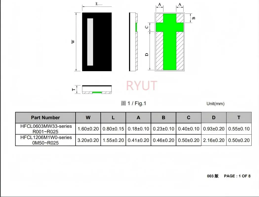 20pcs/lot Four-terminal current detection resistor, 1206 type, 0.001R (1mR), 0.002R (2mR), 0.005R (5mR), ±1%, 1W, MnCu, ±50PPM