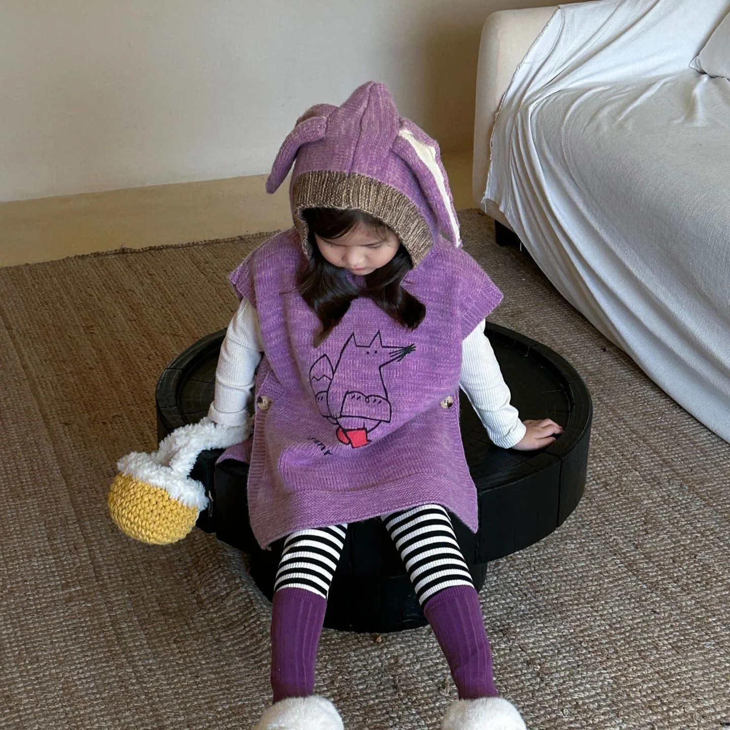 Girls Sweater 2024 Summer New Childrens Clothes Baby Girls Korean Style Cute Long Ears Wool Vest Casual Simple and Match