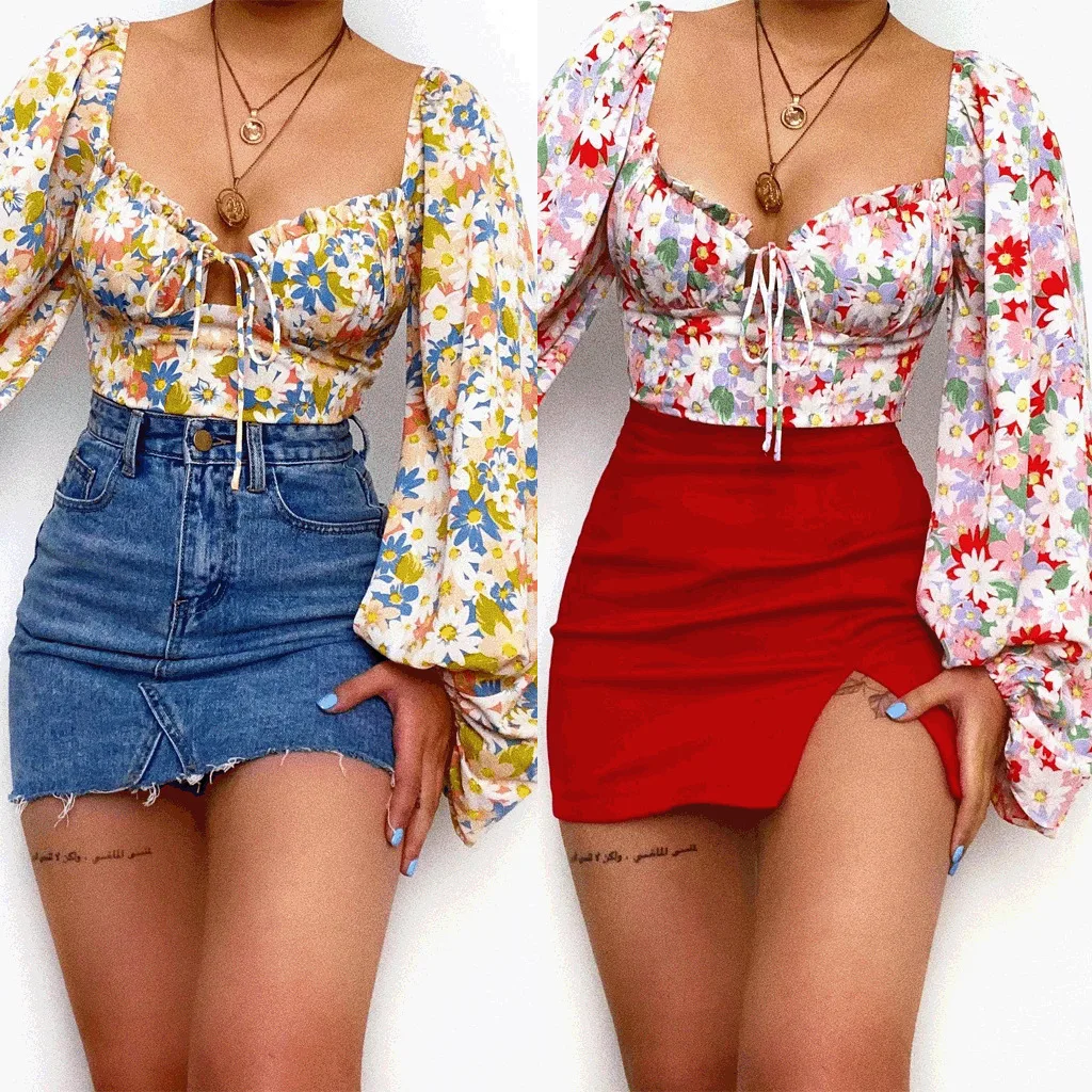 2025 Camicia sexy con maniche a palloncino da strada con collo quadrato stampato a fiori primavera/estate 22103