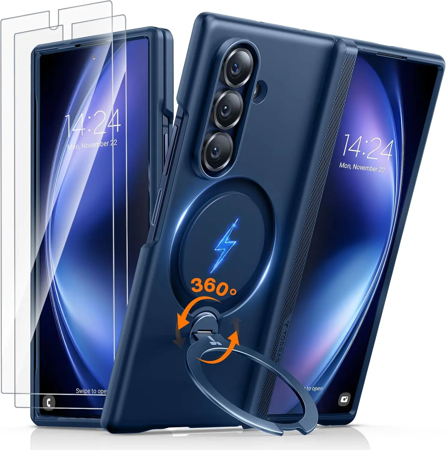 

360 Magnetic Stand Case for Galaxy Z Fold 7 with MIL-Grade Hinge Protection, Magsafe Fit, Kickstand & Ring Holder in Blue