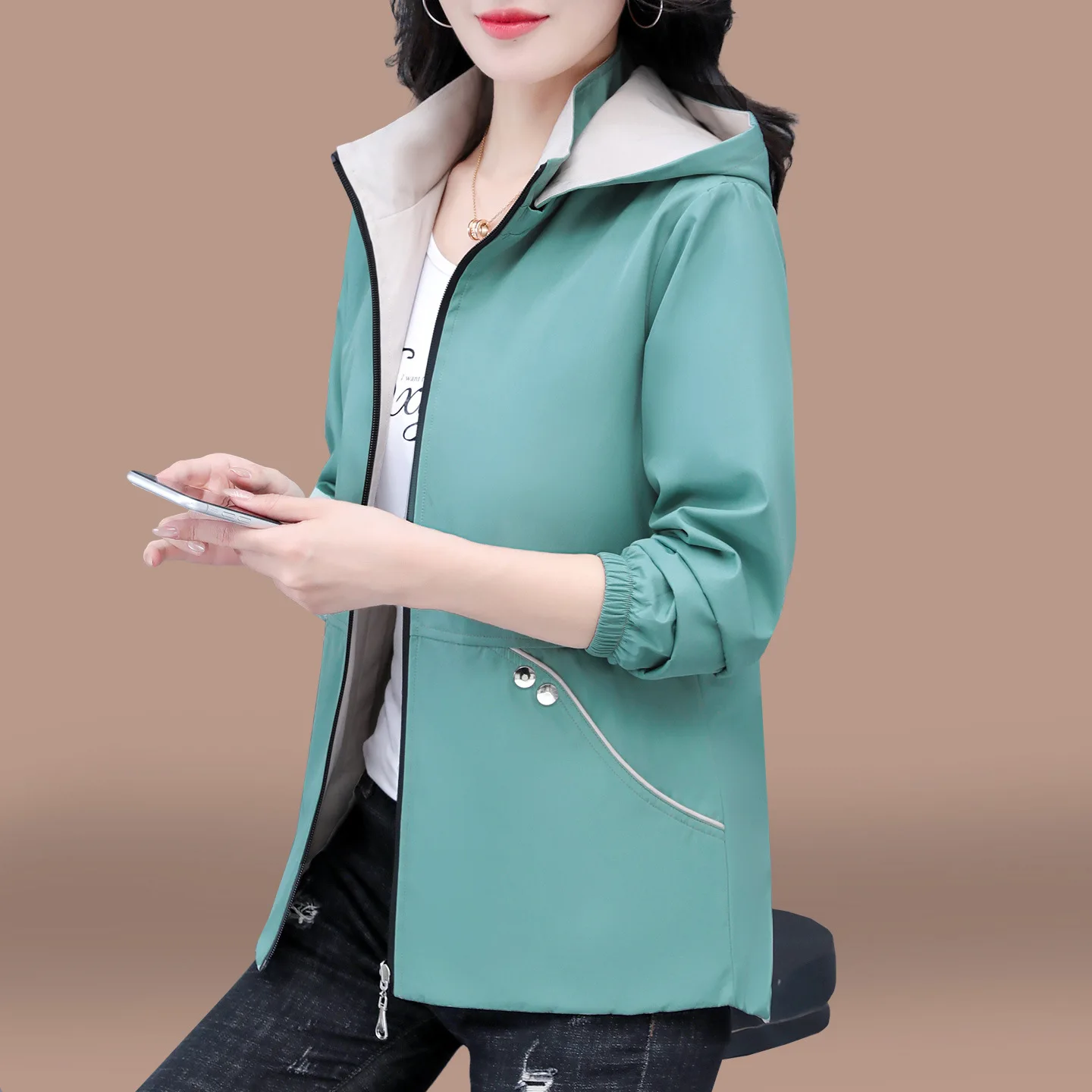 المرأة على الوجهين خندق معطف 2025 معطف ربيع الخريف موضة فضفاضة مقنعين سترة غير رسمية متعددة الاستخدامات الإناث سترات واقية ملابس خارجية