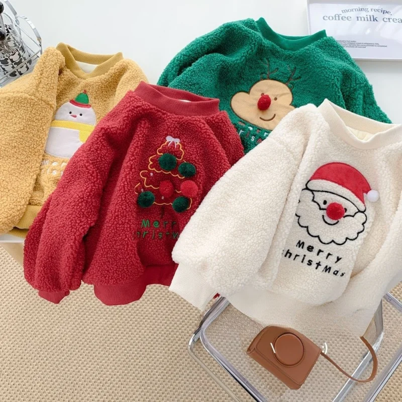 

Christmas Children's Cartoon Sweatshirt for Boys and Girls in Winter Baby Kids Thick Lamb Plus Velvet Round Neck Tops Pullover