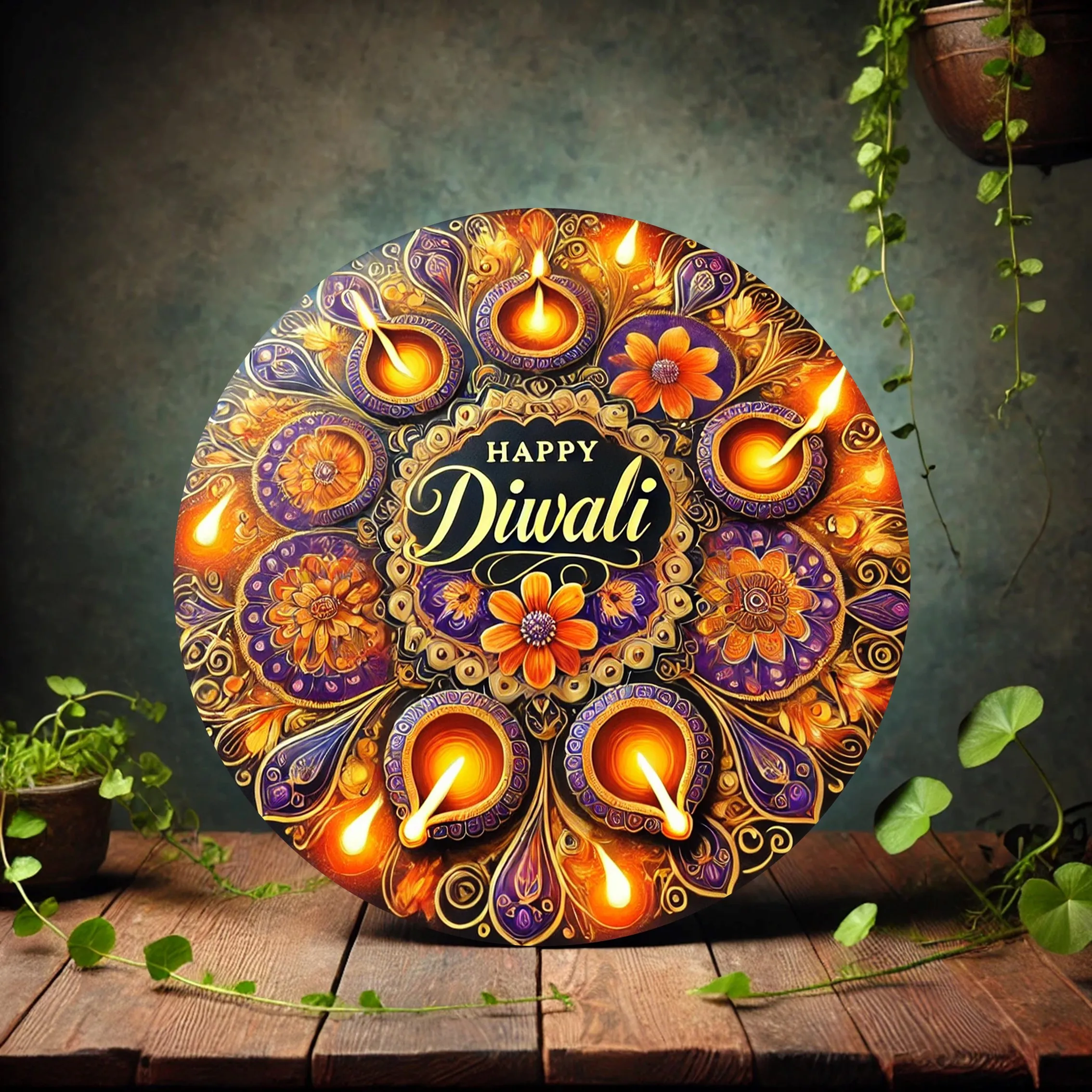 CIFBUY Retro Happy Diwali Floral Oil Lamp Aluminum Wall Art Waterproof Wearproof Home Bar Cafe Yard Room Decor Gift