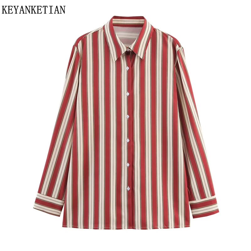 

KEYANKETIAN 2026 Spring New Women's Belt Decorated Striped Shirt Turn Down Collar Long Sleeve Single Breasted Loose Blouses Top