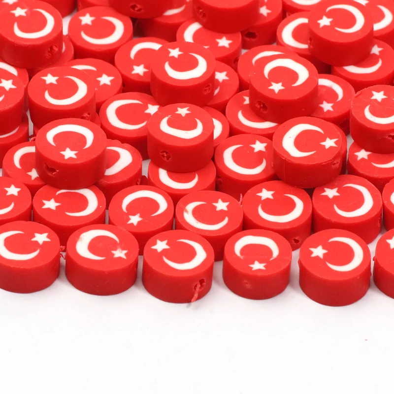 20/50pcs 9mm Clay Turkish Flag Beads for Bracelets Flat Polymer Clay Loose Spacer Beads for Jewelry Marking Necklace Findings