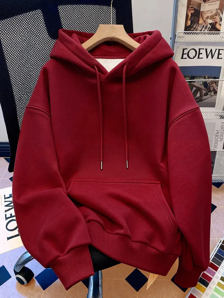 

plus Size Fleece Lined Hoodie Women's Loose Long Sleeve Red Wine Color Warmth Couple Outerwear Hong Kong Style Comfortable Co...
