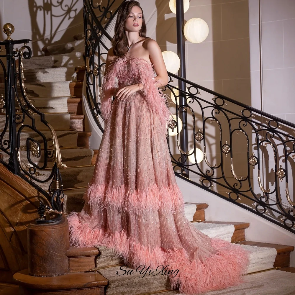 Exquisite Customized Feathers Beading Vestido De Festa Elegant Strapless A-Line Evening Dress Fashion Zipper Back Celebrity Gown image 3