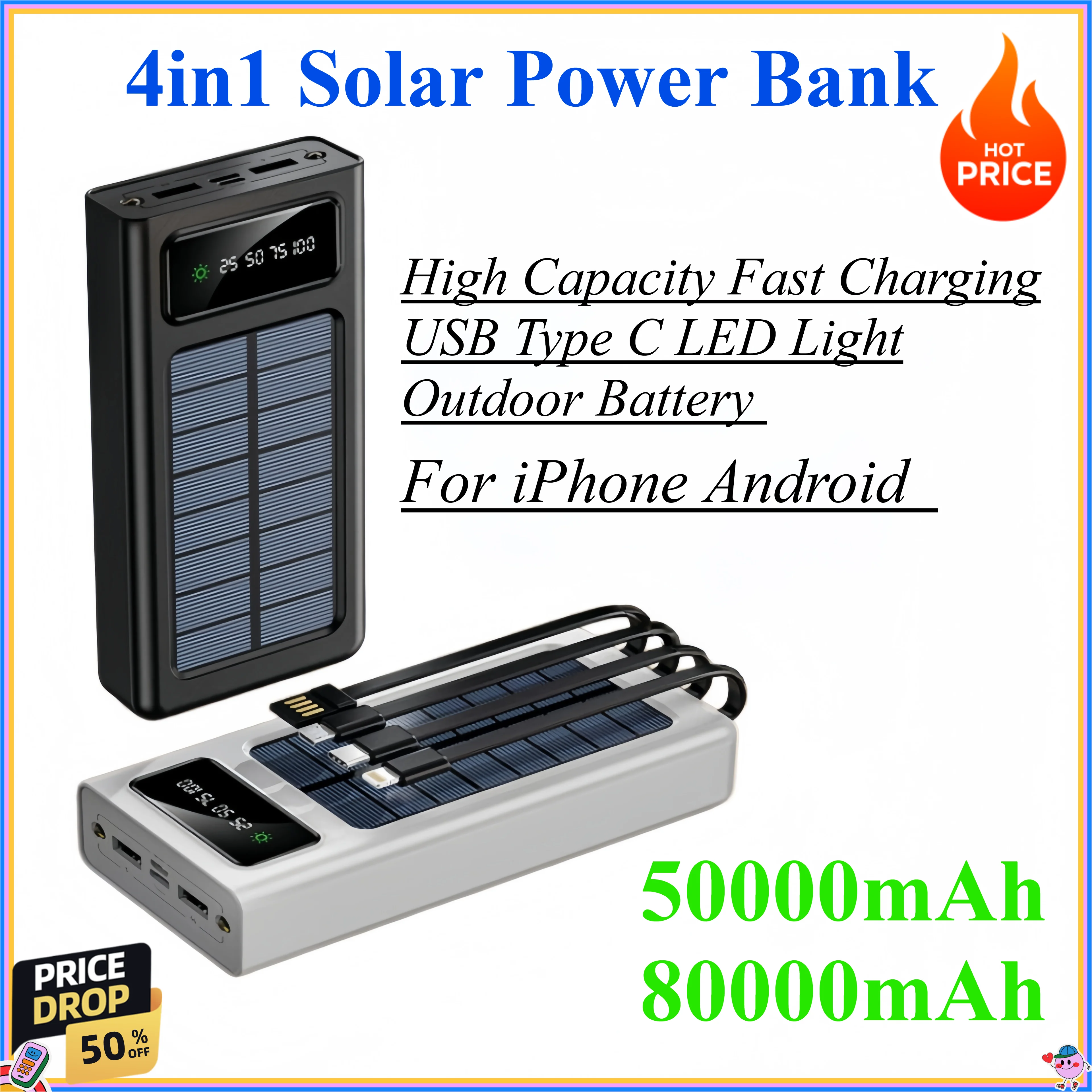 50000mAh 80000mAh 4in1 Solar Power Bank High Capacity Fast Charging USB TypeC LED Light Outdoor Battery For iPhone Samsung