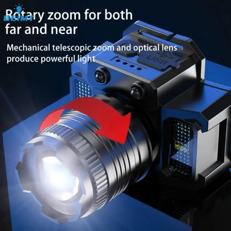 Powerful LED Zoom Headlamp Rechargeable Fishing Headlight Motion Sensor Head Lights for Working Camping Running Cycling Hunting