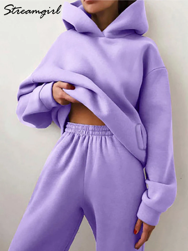 Streamgirl Winter Outfits For Women 2 Piece Set 2023 Fleece Hoodies And Sweatpants Women Winter Purple Sweatsuit Sets For Women