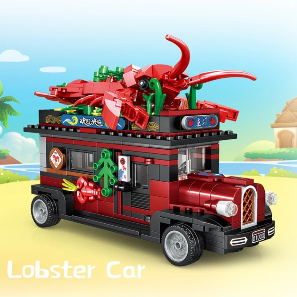 

MOC Lobster Cattle Gruel Cart City Food Truck Car Building Blocks Set Camping Vehicle Toys For Children Birthday Holiday Gifts