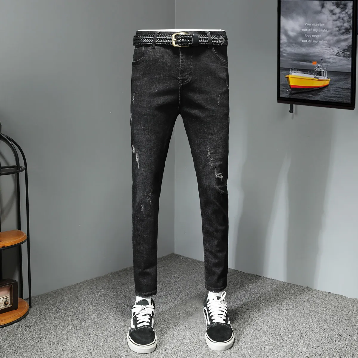 

Spring New Sle Men's Slim Fit Jeans Waed Small Foot Korean Version Elastic Versatile Hole Pants Trendy 2026 Casual Cotton...