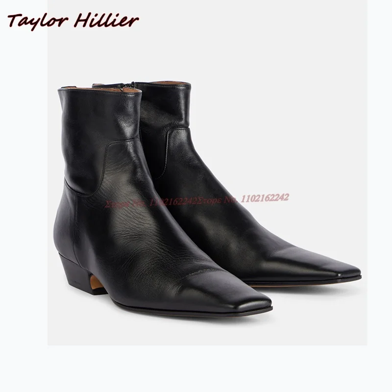 Genuine Leather Matte Ankle Boots Square Toe Low Heel Side Zipper Women'S Nude Boots Elegant Luxury Designer Chelsea Boots