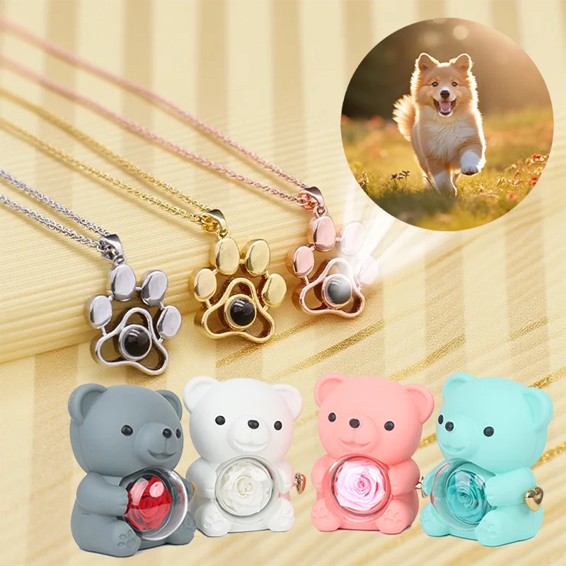 

Custom Photo Projection Dog Claw Copper Pendant Stainless steel Circle Chain Necklaces With Cute Bear Rose Gift Box For Women