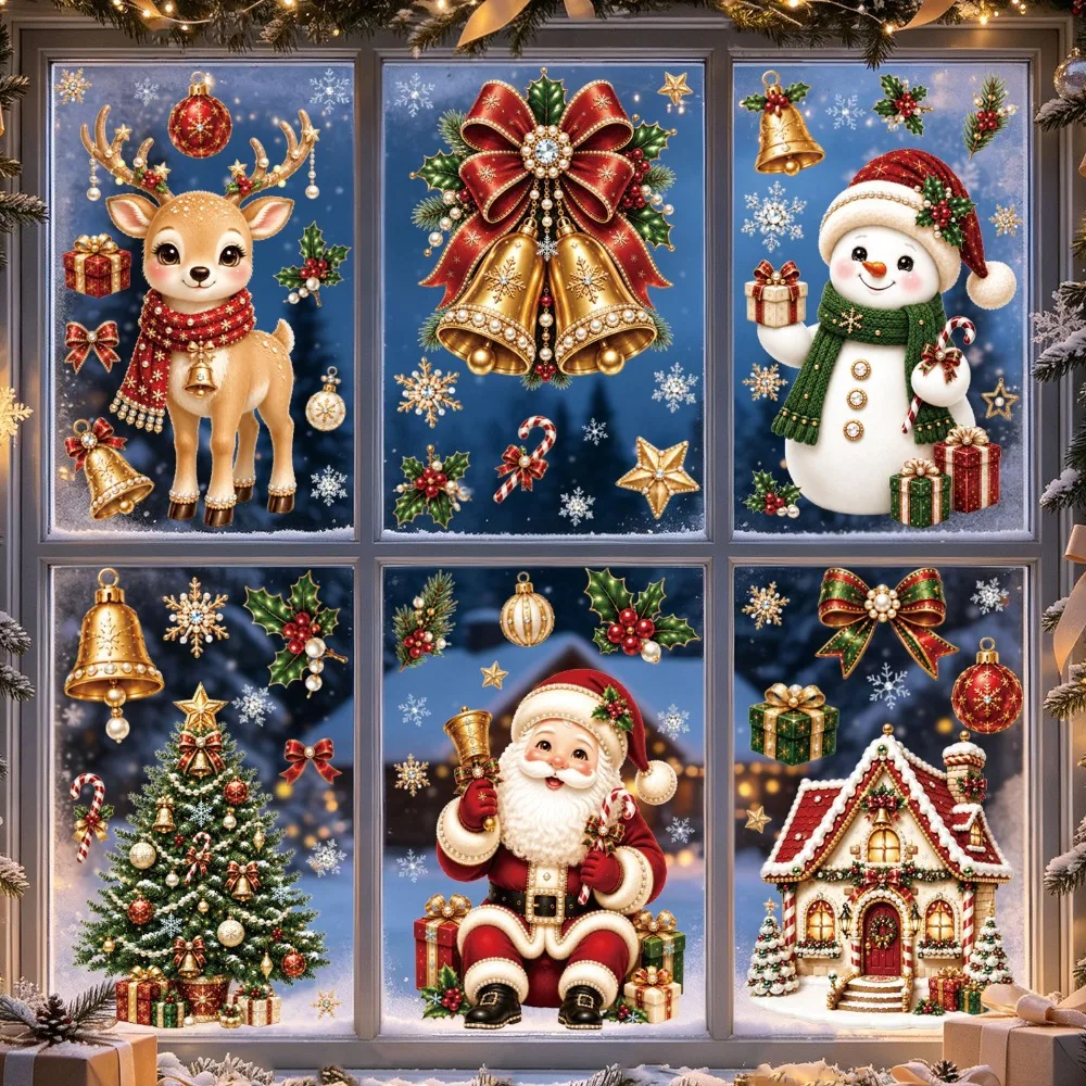 Christmas 2027 New Window Stickers Cute Santa Reindeer Snowman Snowflake Xmas Glass Stickers Winter Home Shop Window Decor Gifts